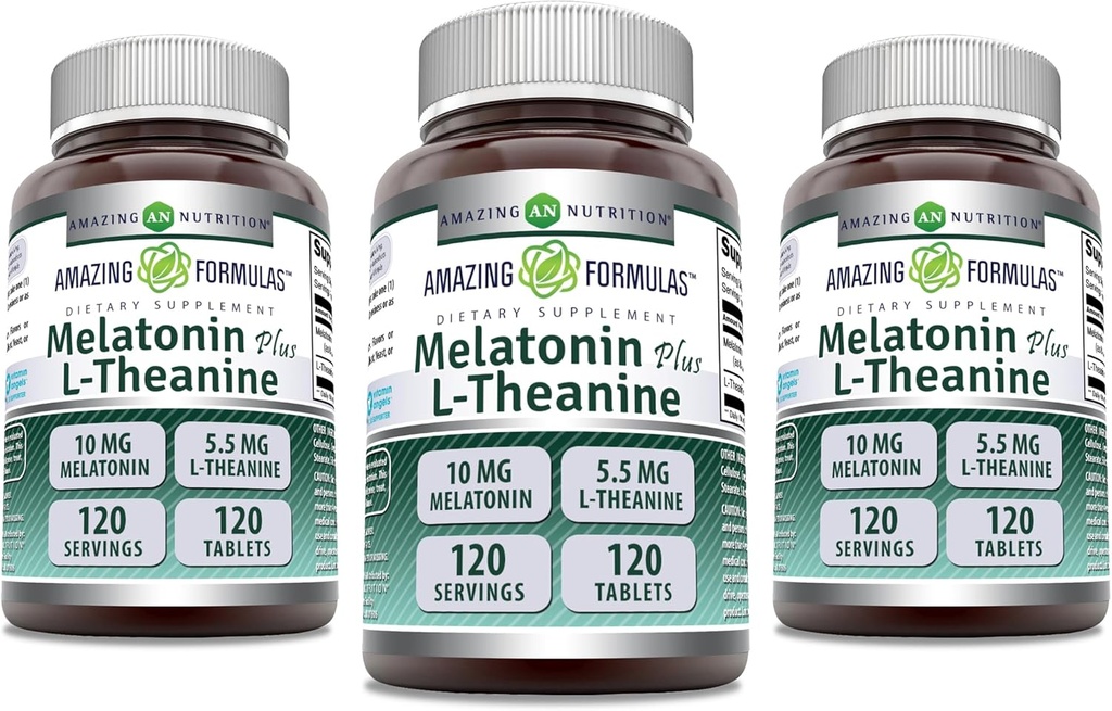 Formules étonnantes Melatonin 10 Mg Plus L-Theanine 5.5 Mg Supplément de 120 comprimés (non-OGM) Sans gluten (Fabriqué aux États-Unis) Pack de 3