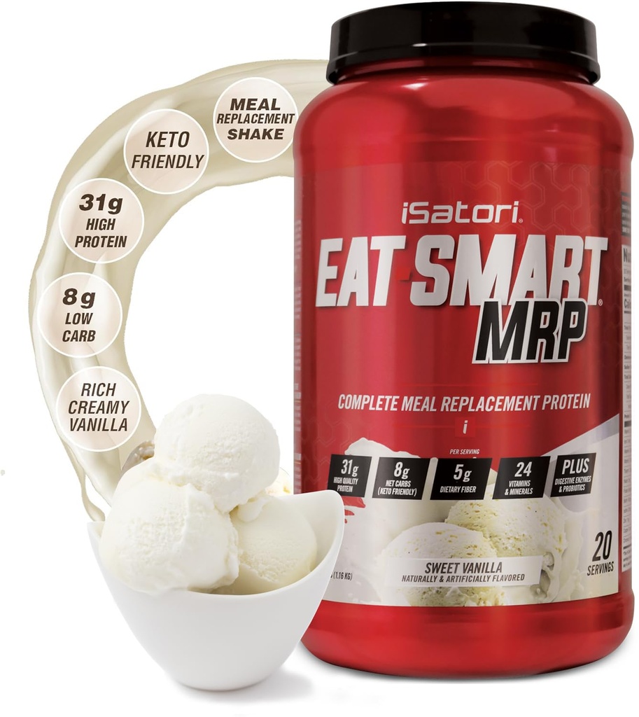 iSatori Mangez Smart MRP, substitut de repas à haute teneur en protéines agiter avec poudre de protéines de lactosérum, poudre de probiotiques, protéine de caséine, huile de MCT, albumen d'oeufs, vitamines et minéraux, kéto, vanille, 20 portions