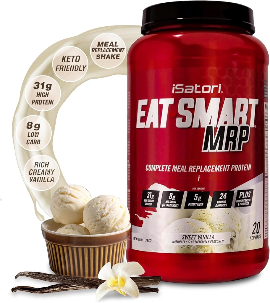 iSatori Mangez Smart MRP, substitut de repas à haute teneur en protéines agiter avec poudre de protéines de lactosérum, poudre de probiotiques, protéine de caséine, huile de MCT, albumen d'oeufs, vitamines et minéraux, kéto, vanille, 20 portions