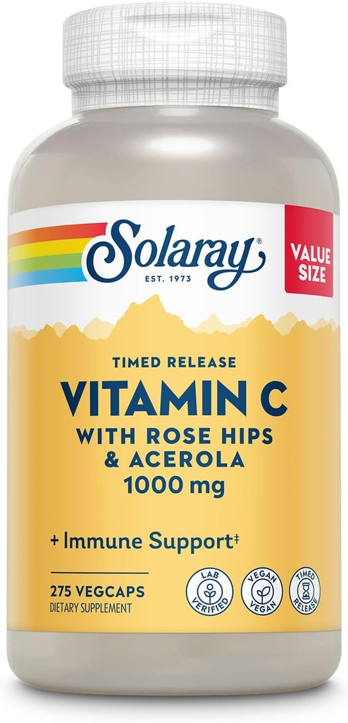 SOLARAY Vitamine C 1000mg Capsules de libération chronométrées avec des bioflavonoïdes Rose HIPS & Acerola, deux niveaux pour une absorption élevée et un support de fonction immunitaire toute la journée, garantie de 60 jours, 275 portions, 275 VegCaps