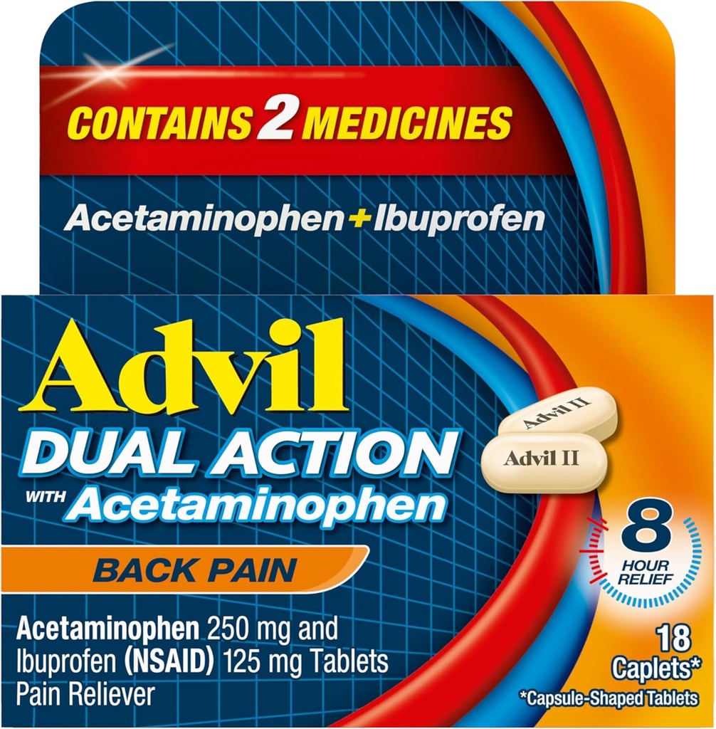 Advil double action Caplets de douleur du dos livre 250mg Ibuprofène et 500mg Acétaminophène par dose pour 8 heures de soulagement de la douleur du dos - 18 Compte