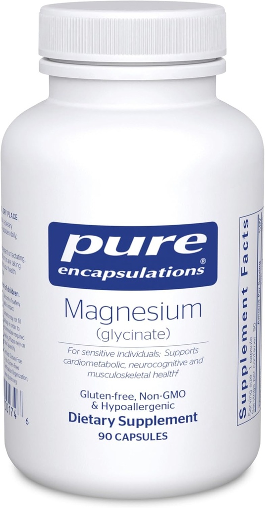 Encapsulations pures Magnésium (Glycinate) - Supplément pour soutenir le soulagement du stress, le sommeil, la santé cardiaque, les nerfs, les muscles et le métabolisme* - avec Glycinate de magnésium - 90 capsules