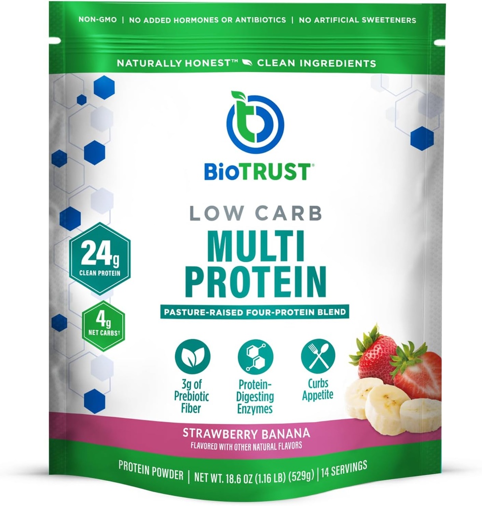 Poudre de protéines BioTrust à faible teneur en glucides – Delicious Whey & Casein Blend de vaches sans hormones à l'herbe – non OGM, sans gluten (banane aux mûres)