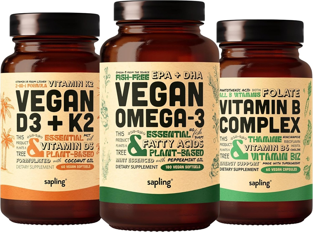 Omega végétalien 3 180 Softgels & Vegan D3 + K2 & Vitamine B - Acide gras à base végétale DHA & EPA, 4000 UI Vitamine D3 et 100mcg Vitamine K2, Vitamines essentielles B