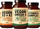 Omega végétalien 3 180 Softgels & Vegan D3 + K2 & Vitamine B - Acide gras à base végétale DHA & EPA, 4000 UI Vitamine D3 et 100mcg Vitamine K2, Vitamines essentielles B