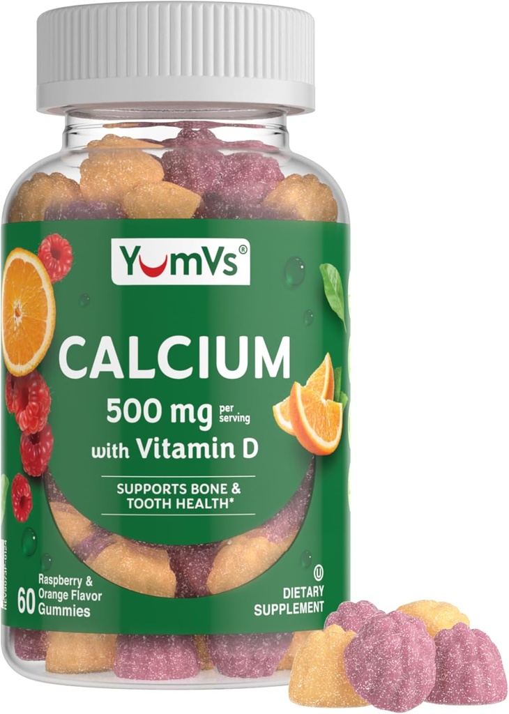 YumVs Calcium 500mg avec vitamine D3 - Gummées de vitamine D à la framboise et à l'orange, supplément de calcium à croquer pour les enfants et les adultes, Gummées de calcium à la vitamine D, sans gluten halal casher (60 Nombre)