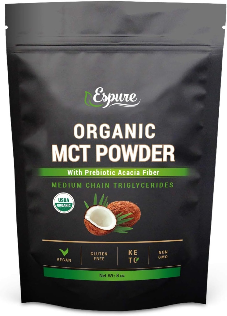 Poudre biologique MCT - Certifié USDA, avec fibre prébiotique Acacia; Keto Friendly, Vegan, sans gluten; 8oz