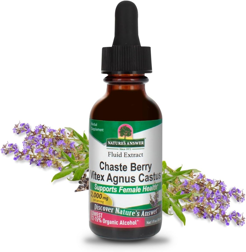 Soutient l'équilibre hormonal féminin, fabriqué à partir de 2000 mg d'herbe pure par portion de 2 ml et certifié biologique faible alcool, sans gluten, non OGM, certifié Kosher, végétalien