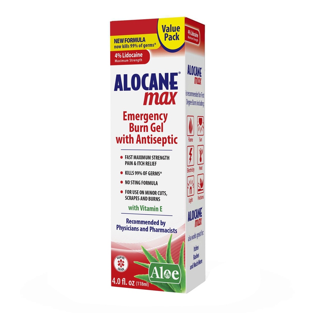Alocane Gel de brûlure d'urgence Max, 4% Hydrochlorure de Lidocaïne, 13% Chlorure de Benzalkonium, Relief de la force maximale, Démangeaison, Pour les brûlures de soleil, Cuisine, Radiation, Chimique, Brûlures de premier degré, 4 Fl Oz