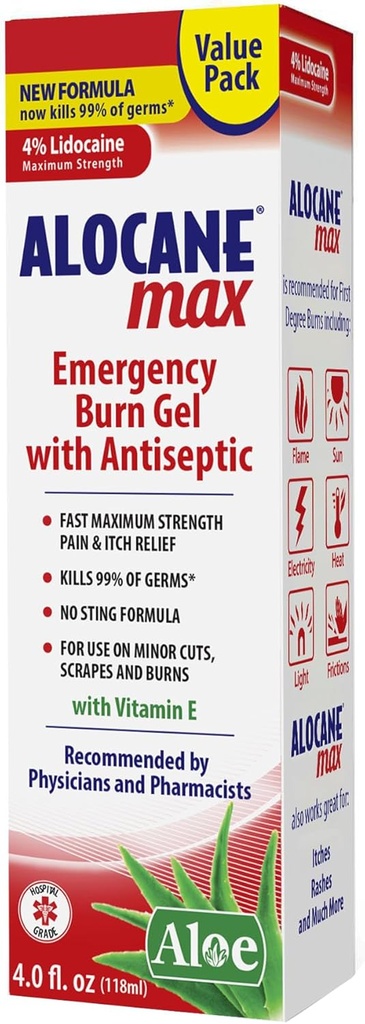 Alocane Max Emergency Burn Gel, 4% Lidocaine Hydrochloride, .13% Benzalkonium Chloride, Maximum Strength Relief, Itch Relief, For Sunburns, Kitchen, Radiation, Chemical, First-Degree Burns, 4 Fl Oz