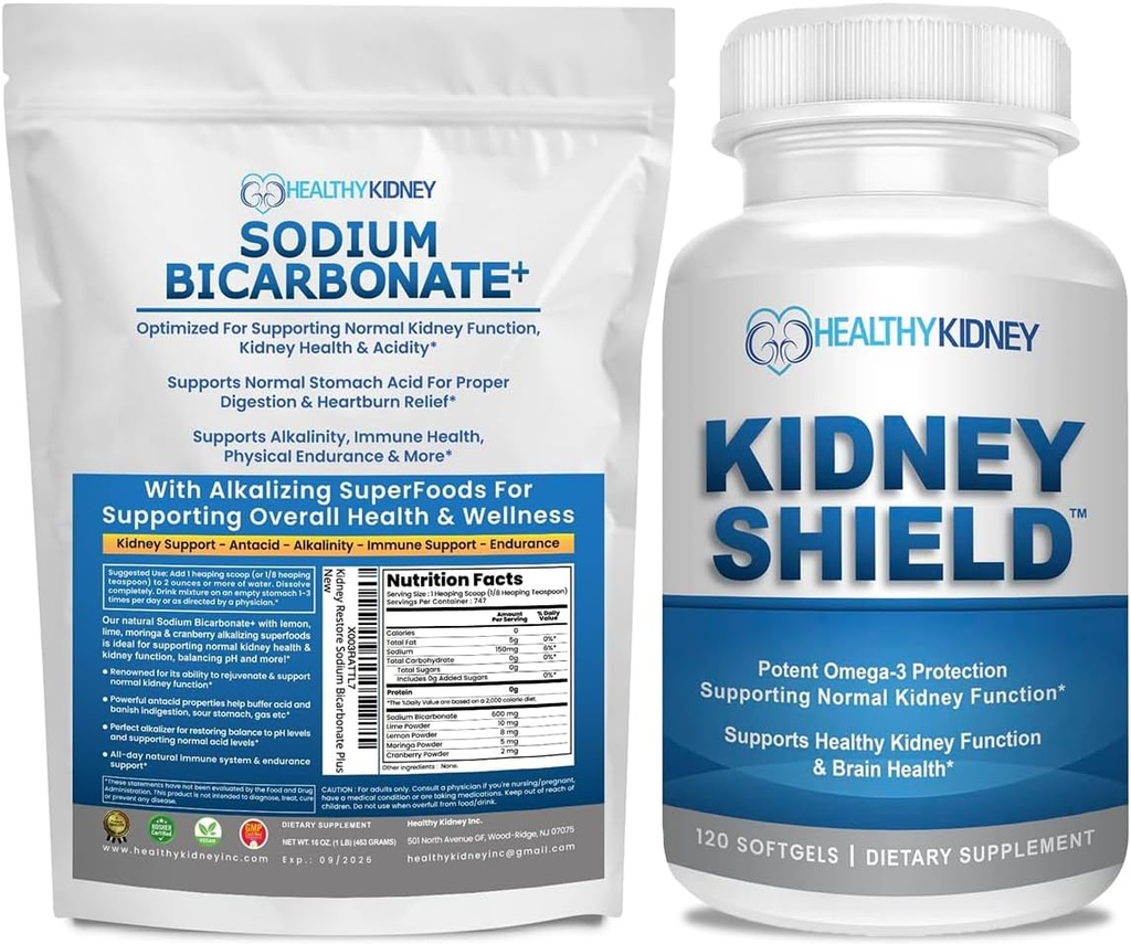 Bouteille de supplément bio bicarbonate de sodium alcalin: 2LB poudre pour l'alcalinité, le neutralisant acide et le soutien du rein + 120 capsules Bouclier rein pour la santé du rein, le nettoyage et le soutien Omega 3