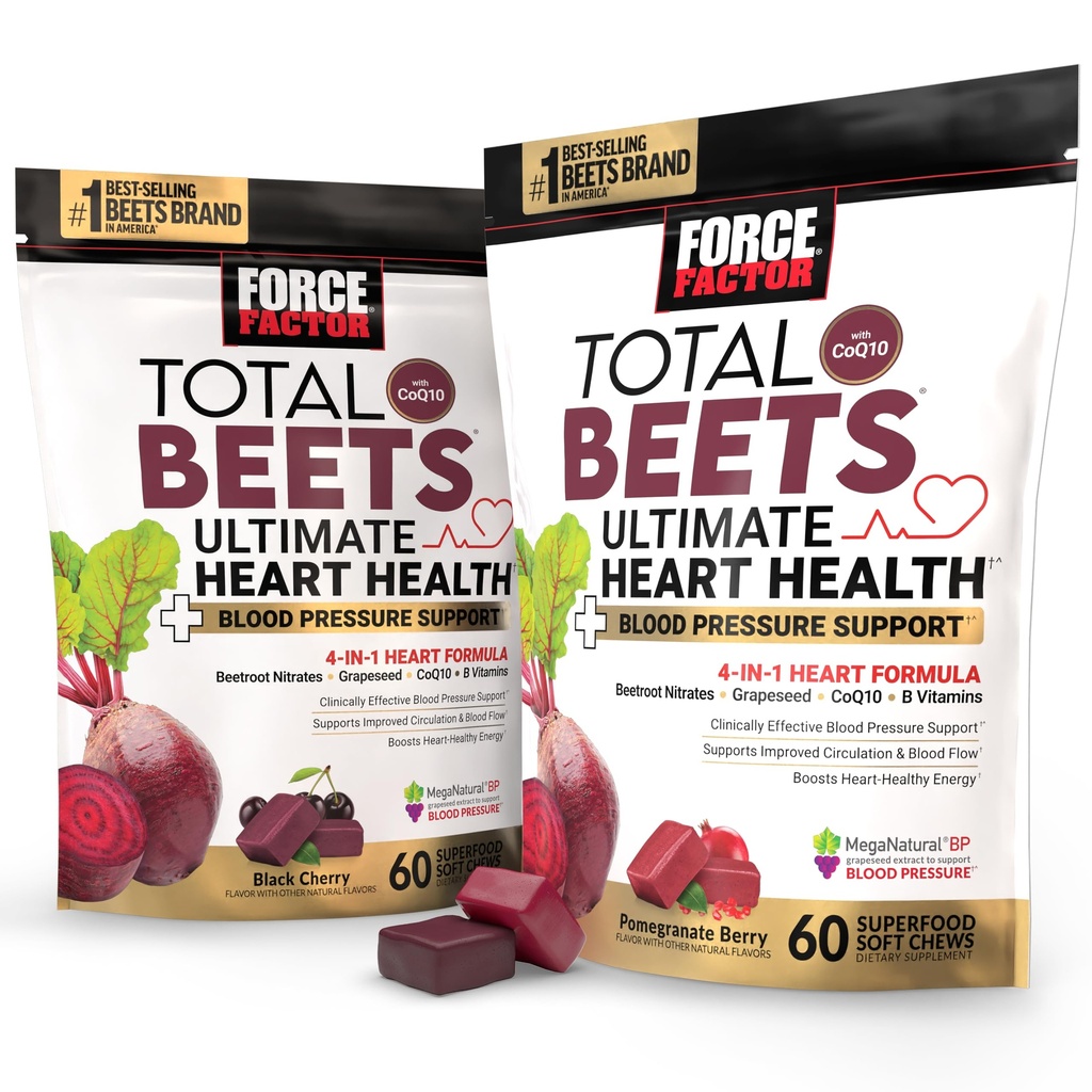 Ensemble de facteurs de force Betteraves totales Santé cardiaque Ultime Soutien de la pression artérielle Chews avec CoQ10, Poudre de racine de betterave, Extrait de graines de raisin, Supplément de pression artérielle pour la circulation et le flux sanguin, 120 Soft
