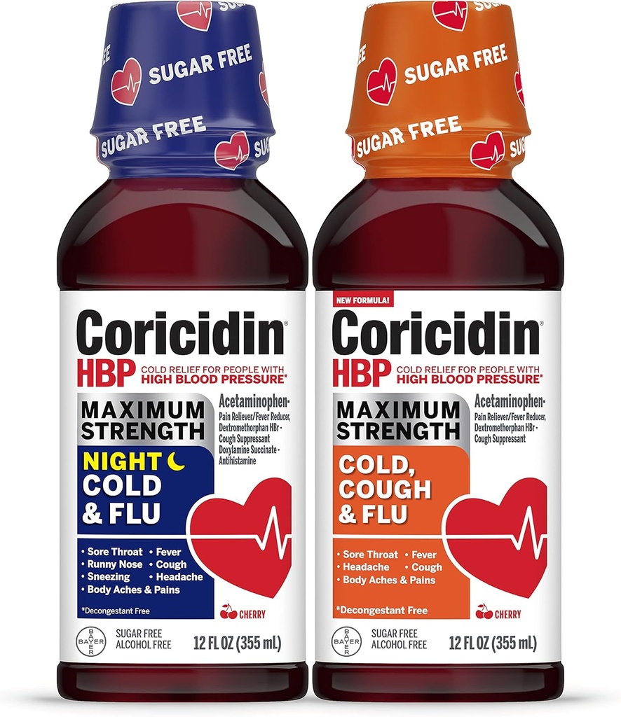 Coricidin HBP Force maximale Cold & Flu Day & Night sans sucre liquide Twinpack, médicaments froids sans décongélation pour adultes avec une pression artérielle élevée -12 Fl Oz (paquet de 2)