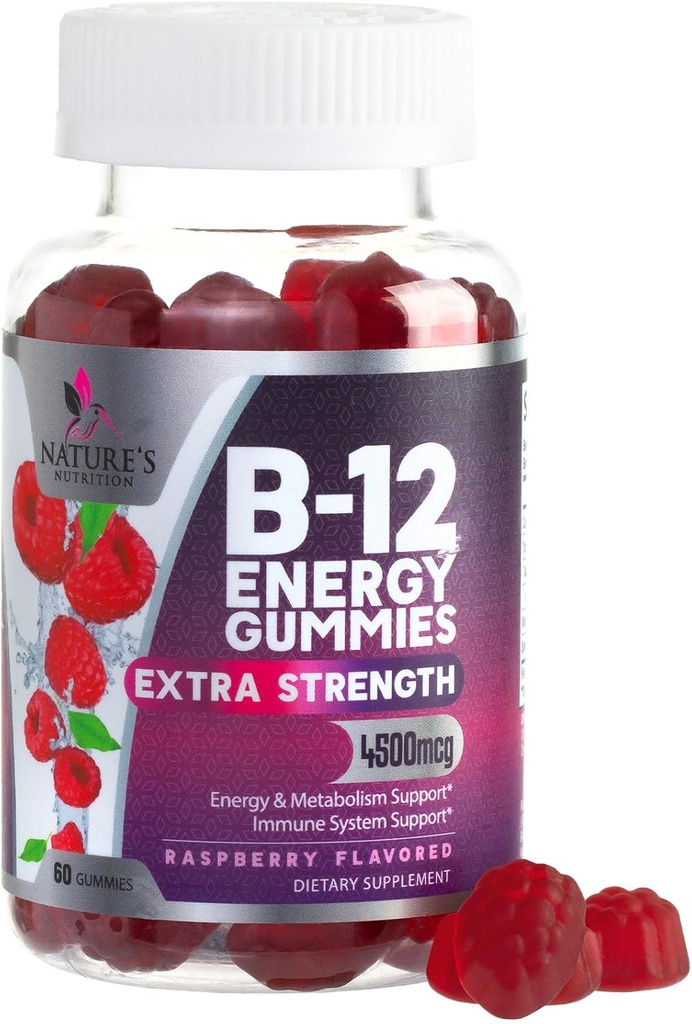 B-12 Gommies d'énergie vitaminique 4500mcg - Extra Strength B12 Gummy Chewables pour le métabolisme énergétique et le soutien immunitaire - Supplément alimentaire pour les femmes, les hommes et les enfants - Non-OGM, Vegan, Berry Flavor - 60 comte