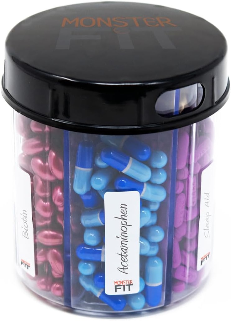 Supplément Pill Dispenser Bouteille, 6 Compartiment, Étiquettes, Facile à ouvrir, Anti-mixage, Organisateur mensuel de vitamines, Monster Fit Jr Médicament Holder (Clear, Small)