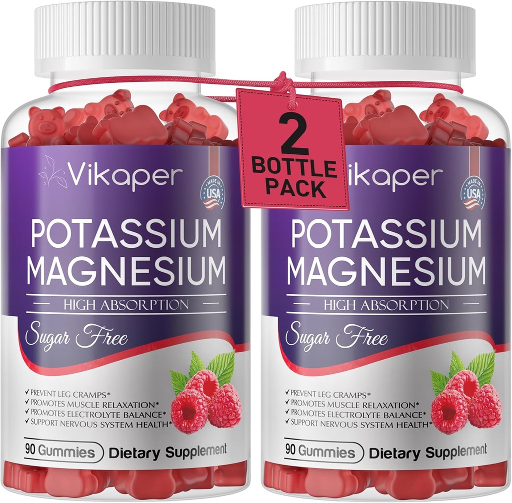 Potassium Magnésium Gommies 500 mg Magnésium sans sucre Supplément de glycine avec Magnésium L-Thréonate,Vitamine D3,Crampes de jambe améliorées,Muscle,Santé du coeur pour les adultes Flaveur de framboises 180 Compte