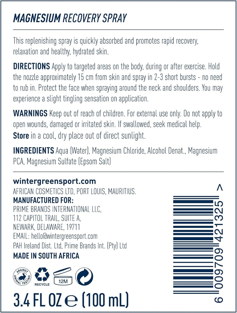 Spray pour le corps de Magnésium vert d'hiver, 3,4 fl oz – Mist de récupération d'absorption rapide pour soulager la douleur, la crampe et la récupération musculaire, formule non grasse pour la post-exercice ou le sport