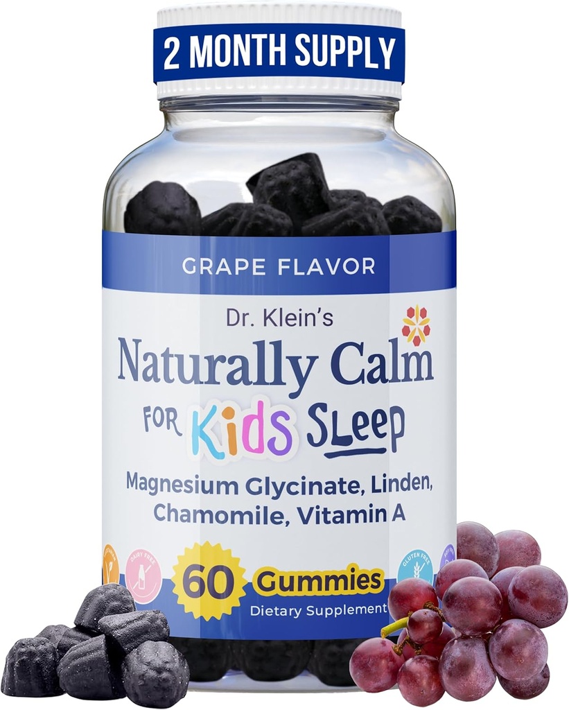 Gommies naturellement calmes du Dr Klein pour les enfants - avec du glycine de magnésium, du linden et de la vitamine A pour les enfants apaisants 5 ans et plus - Vitamines pour aider à dormir - Gommies de camomille - Chews calmes - sans sucre de raisin 60ct