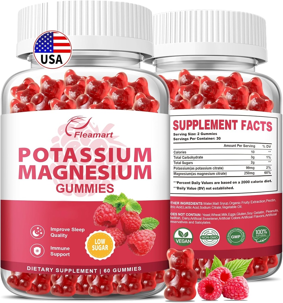 Potassium Magnésium Gommies Potassium Citrate 99mg Magnésium Citrate 250mg Magnésium supplément complexe de potassium, soutien immunitaire, 60 Gommies de framboise 2 Pack