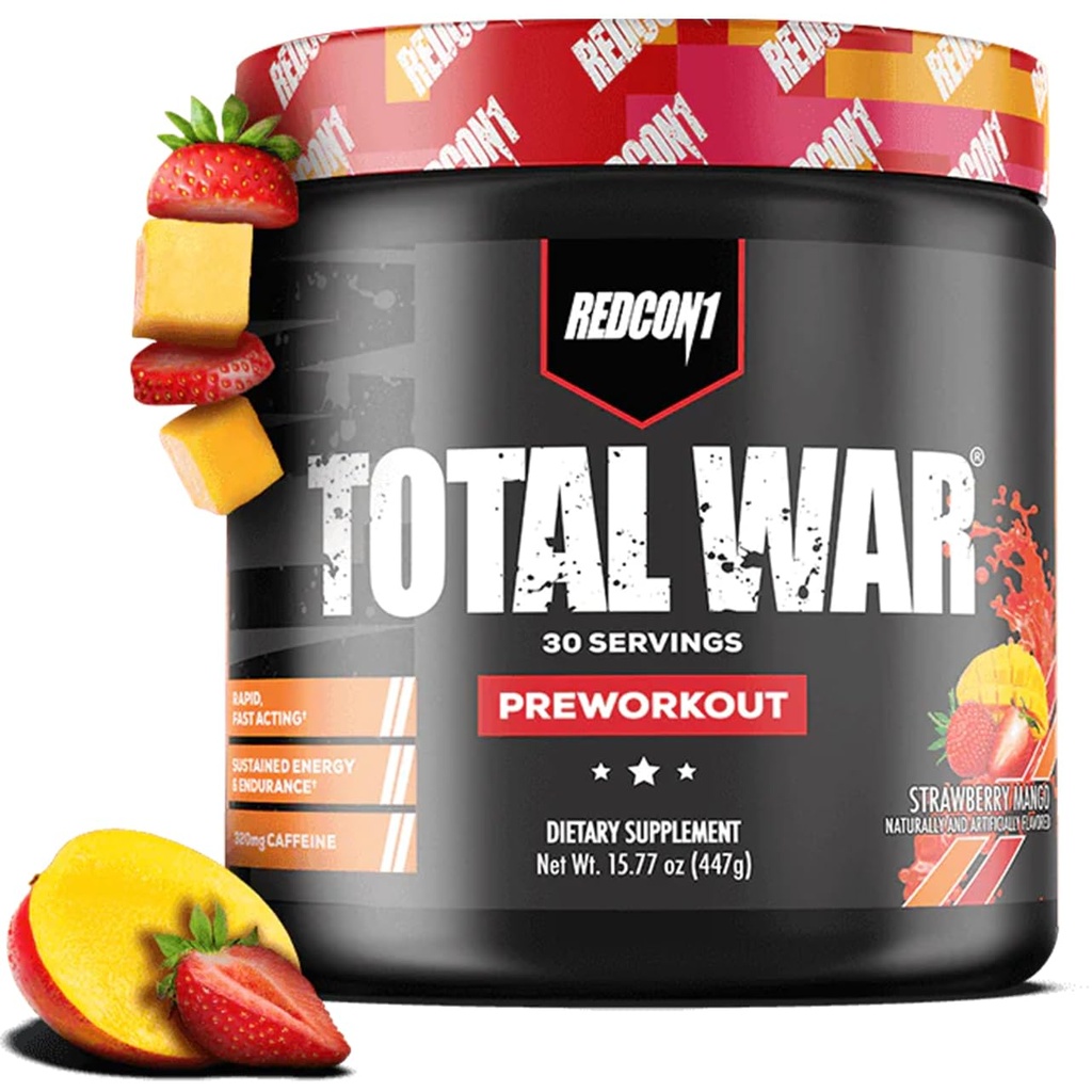 REDCON1 Total War Pre Workout, Strawberry Mango - L Citrulline, acide malique, extrait de feuille de thé vert pour la pompe boosting pré-entraînement pour les femmes et les hommes - 3.2g Beta Alanine pour réduire l'échappement, 30 portions