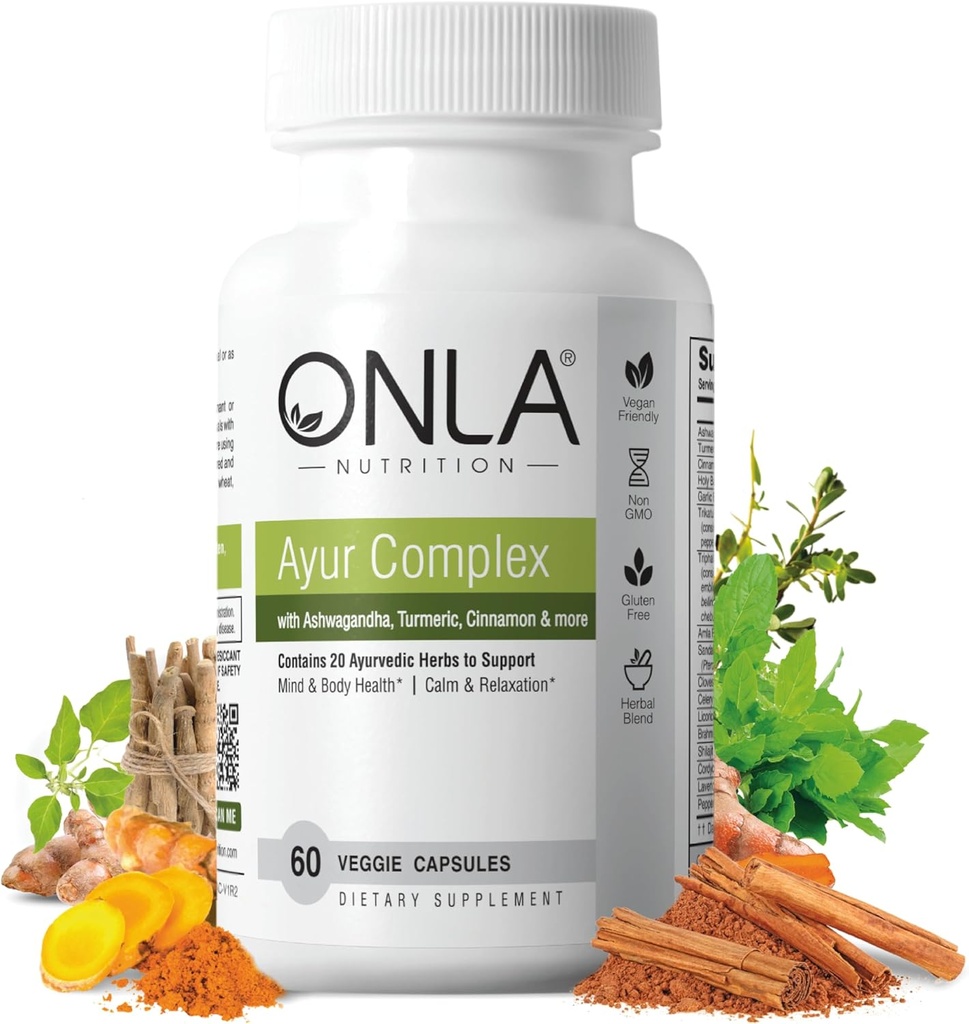 ONLA Vegan Ayurveda Herbal Supplements (20-en-1 capsules à base de plantes) - Suppléments curmériques avec Ashwagandha, cannelle, Triphala, Brahmi - Ingrédients naturels, Suppléments d'énergie à base de plantes (60 capsules)