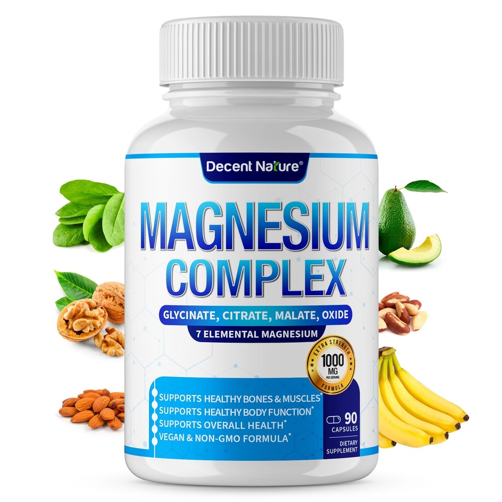 Magnésium Complex 7 Supplément de magnésium élémentaire 1000mg – Magnésium Glycinate, Citrate, Malate, Taurate, Oxyde, Aspartate, Orotate Non-GMO 90 Capsules