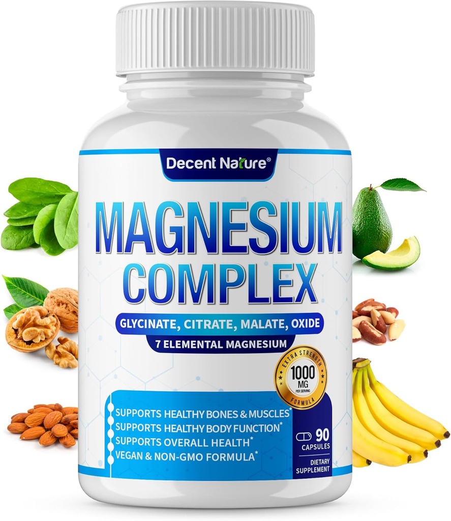 Magnésium Complex 7 Supplément de magnésium élémentaire 1000mg – Magnésium Glycinate, Citrate, Malate, Taurate, Oxyde, Aspartate, Orotate Non-GMO 90 Capsules
