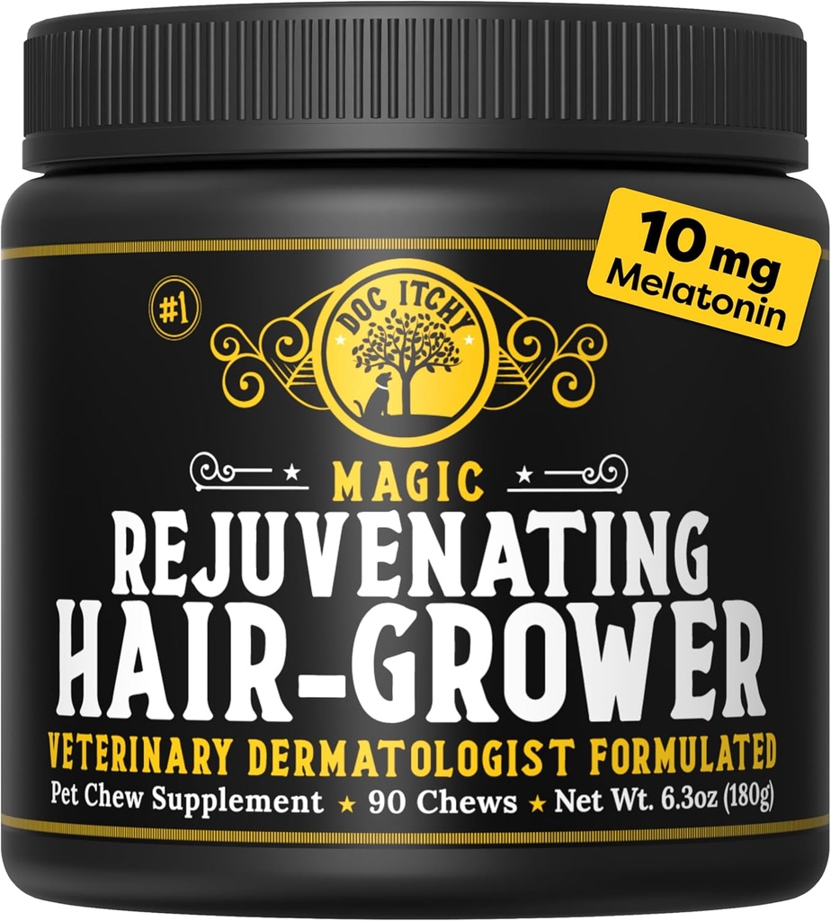Doc Itchy Rejuvenating Cheveux-Grower Chien Chien Chews $ 10mg Melatonine pour chiens $ Booster de la croissance des cheveux $ Senior Dog Energizer $ Calmer $ Medical-Strength $ Allergie alimentaire Safe $ Vegan $ 90 Compte