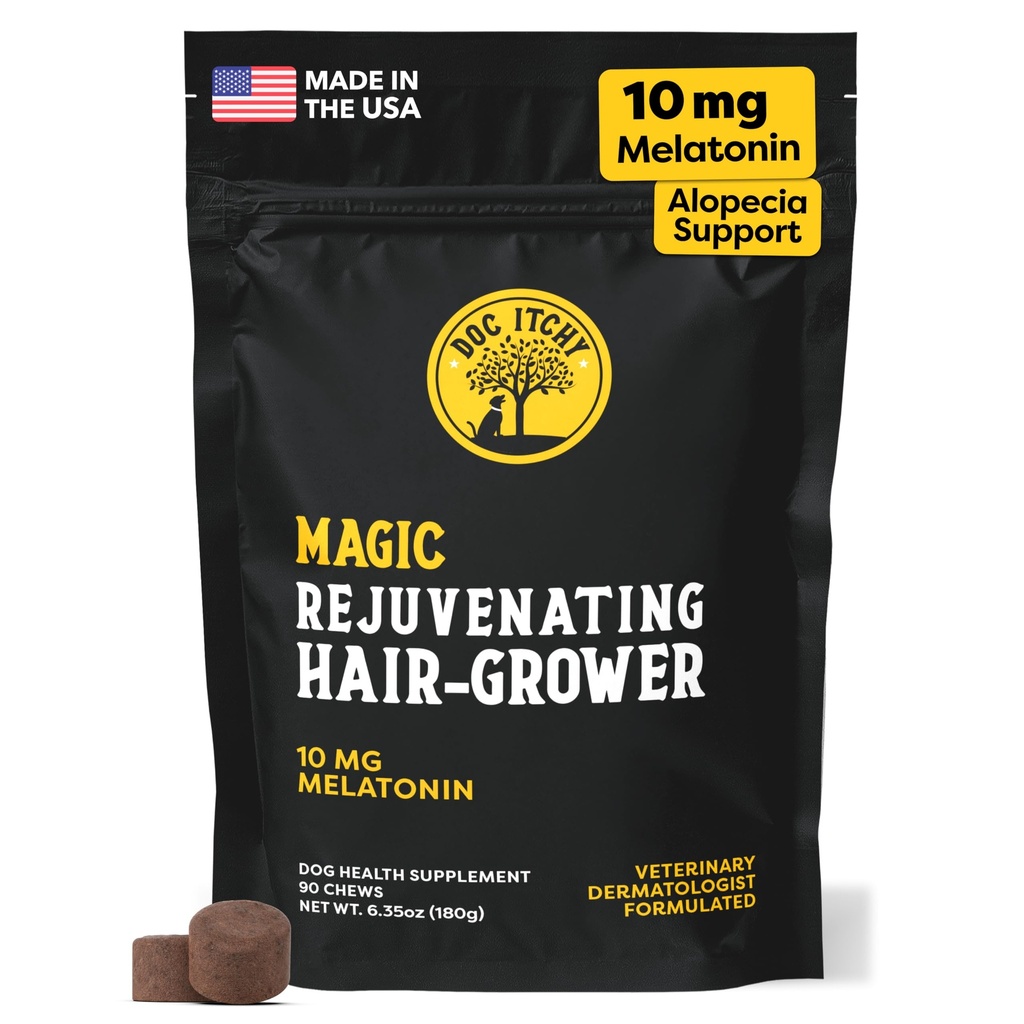 Doc Itchy Rejuvenating Cheveux-Grower Chien Chien Chews $ 10mg Melatonine pour chiens $ Booster de la croissance des cheveux $ Senior Dog Energizer $ Calmer $ Medical-Strength $ Allergie alimentaire Safe $ Vegan $ 90 Compte
