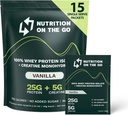 Nutrition On The Go Whey Protein Isolate Packets with Creatine – 25g Protéines + 5g Créatine – Poudre de protéines voyage mono-serve – Vanille (15-Pack)