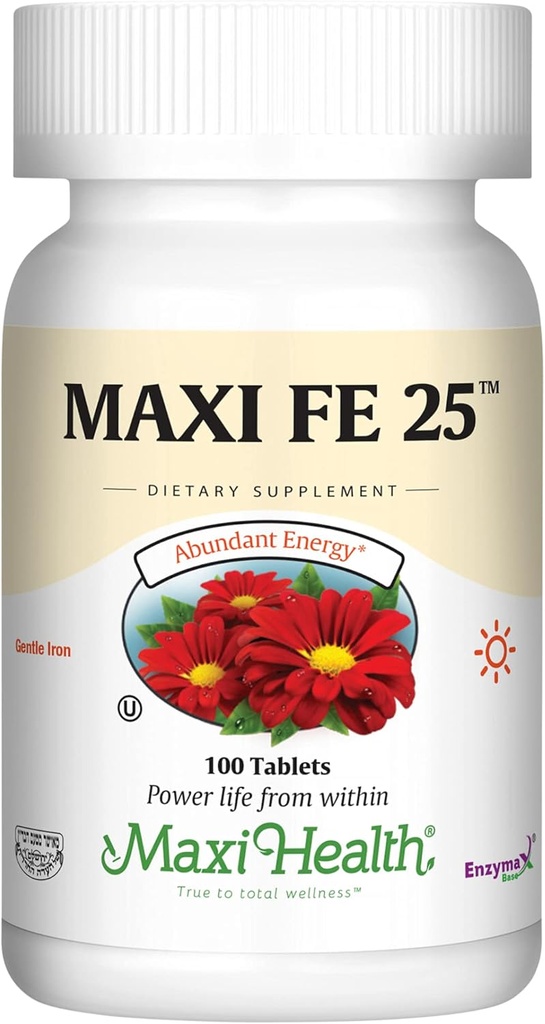Maxi Health Iron Supplement for Women & Men - Gentle Iron 25 mg for The Stomach - Non Constipating* Pills - Kosher - Non GMO - Vegetarian (100 Tablets)