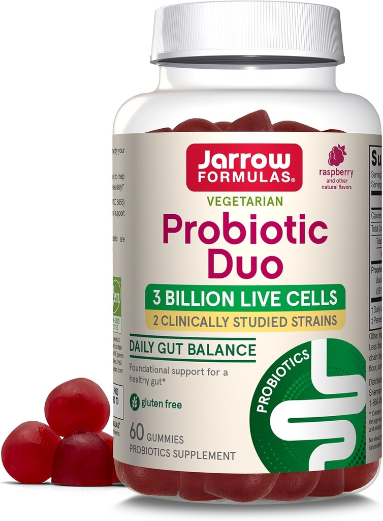 Jarrow Formules® Probiotic Duo, supplément de 3 milliards de cellules vivantes pour la santé immunitaire et le soutien digestif, 60 gommies probiotiques à saveur de framboise, 30 jours d'approvisionnement