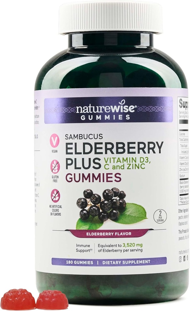 NatureWise Sambucus Gommies de mûres aînées - Supplément de soutien immunitaire pour les enfants de 4 ans et plus et les adultes avec la vitamine C, D3, Zinc - mûres aînées équivalent à 3520mg - Vegan, non-OGM - 180comptes[90-jour]