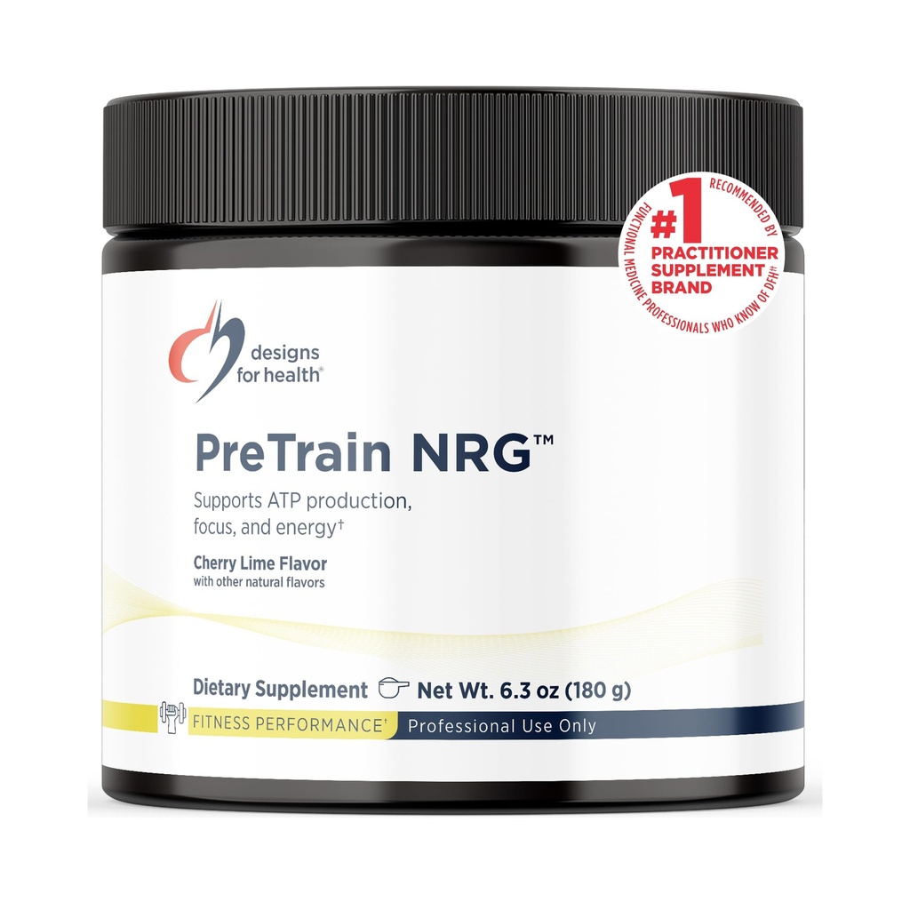 Designs for Health PreTrain NRG Drink Mix - Poudre de pré-entraînement avec Créatine + Café Vert - Supporte Focus, Puissance + Énergie Mentale chez les Athlètes - Aucun-OGM, Cherry Lime Flavor (20 portions / 180g)