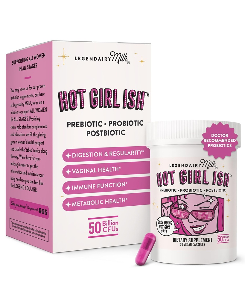 Legendairy Milk Hot Girl IshTM - Probiotiques quotidiens pour les femmes avec 50 milliards CFU - Supplément probiotique pour les femmes avec 20 souches probiotiques, prébiotiques et postbiotiques pour la santé digestive, Gut et immunitaire