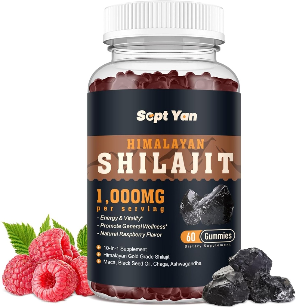 Shilajit Gummies 1000mg - Shilajit Pure Himalayan Organic pour les hommes et les femmes 85+ Trace Minerals Shilajit résine avec Ashwagandha, Maca, Huile de graines noires - Énergie, Cerveau, Immunité, Sans sucre Framboise 60ct