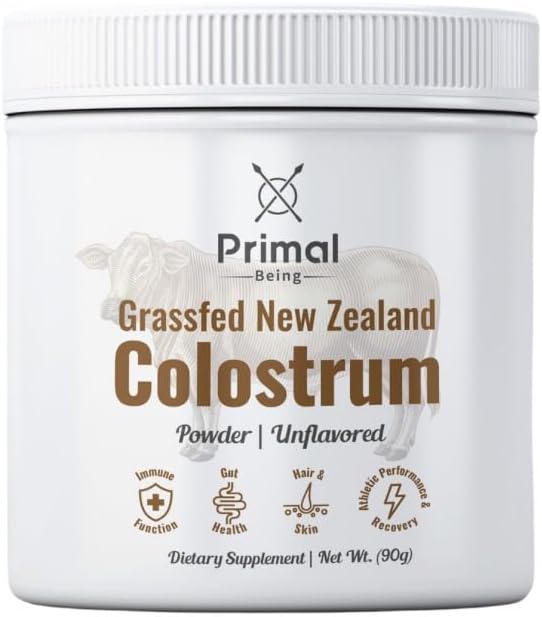 Primal Being Grassfed Beef Colostrum - Soutient la fonction immunitaire, la santé de la gueule, les cheveux, l'anti-âge, la performance athlétique, la récupération - 90 grammes de poudre non aromatisée, 3000 mg par portion