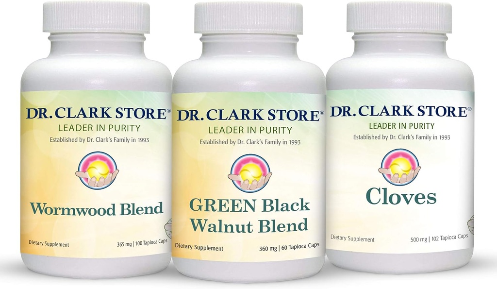 Dr Clark Store Kit de soutien et de nettoyage intestinal - avec les coques de noix noires séchées au gel, Wormwood et Cloves-helps maintenir la fonction intestinale optimale - Capsules végétariennes