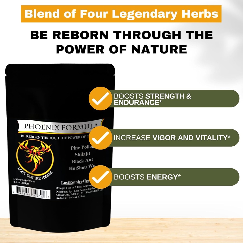 Formule de rajeunissement Phoenix - Lost Empire Herbs Energy Blend of 4 Top Natural Health Herbs Pine Pollen, He Shou Wu, Ant et Shilajit (100g de poudre)