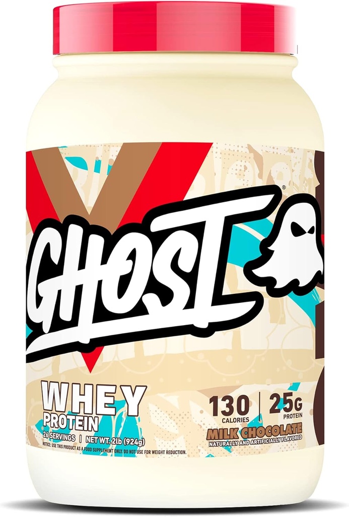 GHOST Poudre de protéines de lactosérum, chocolat au lait - 2LB, 25G de protéines - Blend de protéines de lactosérum - Après l'entraînement Fitness et nutrition Shakes, Smoothies, Cuisson et cuisson - Sans soja et sans gluten