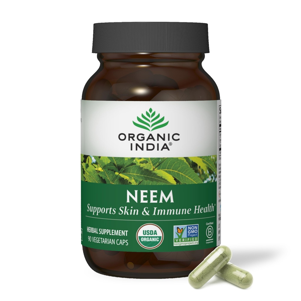 ORGANIQUE INDIA Neem Leaf Capsules - Supplément à base de plantes, soutient la santé de la peau et immunitaire, végétalien, sans gluten, certifié biologique USDA - 90 Compte