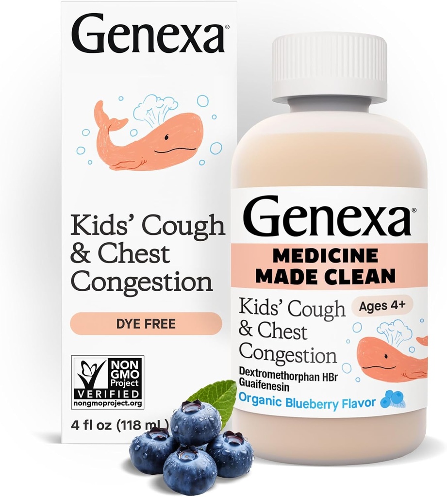 Genexa Kids.com Médecine de la congestion de la toux et de la poitrine propre, sans colorant, 0% Additifs artificiels, sirop de toux multisymptômes pour enfants 4-11, suppresseur de la toux et expectorant, saveur de bleuet biologique, 4 fl oz