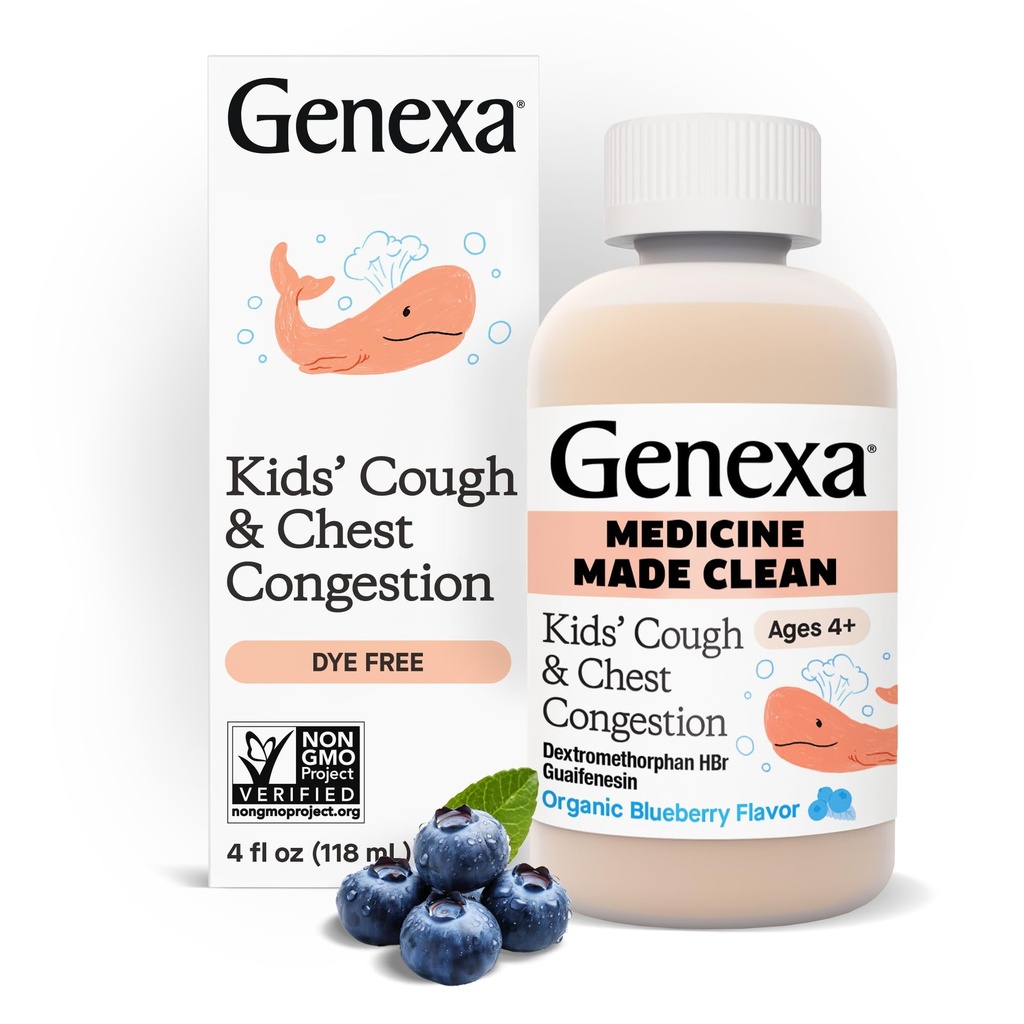 Genexa Kids.com Médecine de la congestion de la toux et de la poitrine propre, sans colorant, 0% Additifs artificiels, sirop de toux multisymptômes pour enfants 4-11, suppresseur de la toux et expectorant, saveur de bleuet biologique, 4 fl oz