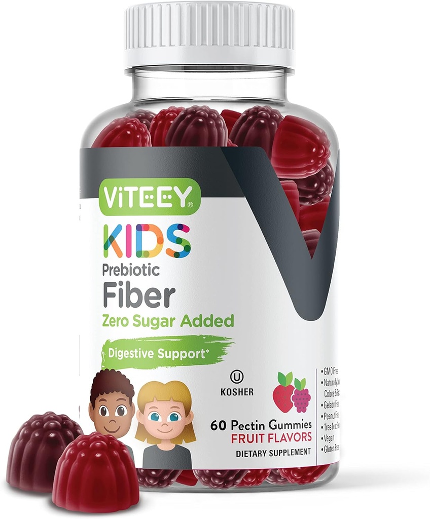 Fibre prébiotique Viteey pour enfants pour le soulagement de la constipation, soutien de la santé digestive, soutien de poids naturel - Fibre 4g, Zéro sucre ajouté, végétalien, sans gluten - Gummy goûté aux fruits à croquer