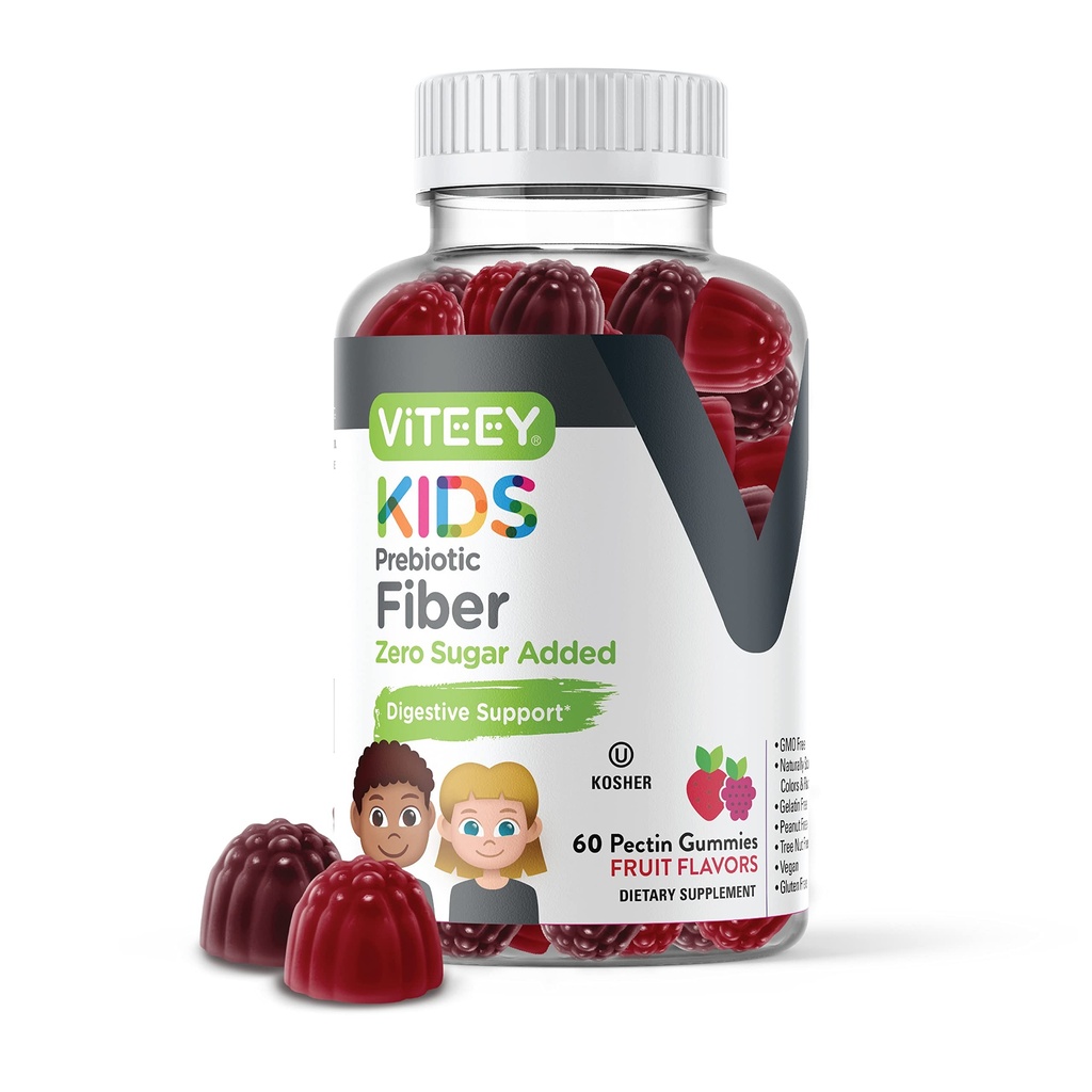 Fibre prébiotique Viteey pour enfants pour le soulagement de la constipation, soutien de la santé digestive, soutien de poids naturel - Fibre 4g, Zéro sucre ajouté, végétalien, sans gluten - Gummy goûté aux fruits à croquer