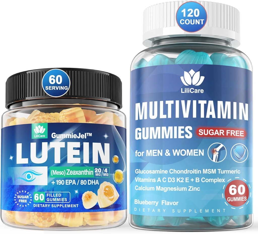 Lutéine sans sucre 20mg Zeaxanthin Vitamines oculaires remplies de EPA 190mg & DHA 80mg + Multivitamine avec Glucosamine Chondritine MSM pour le soutien immunitaire, hommes et femmes - (Pack de 2)