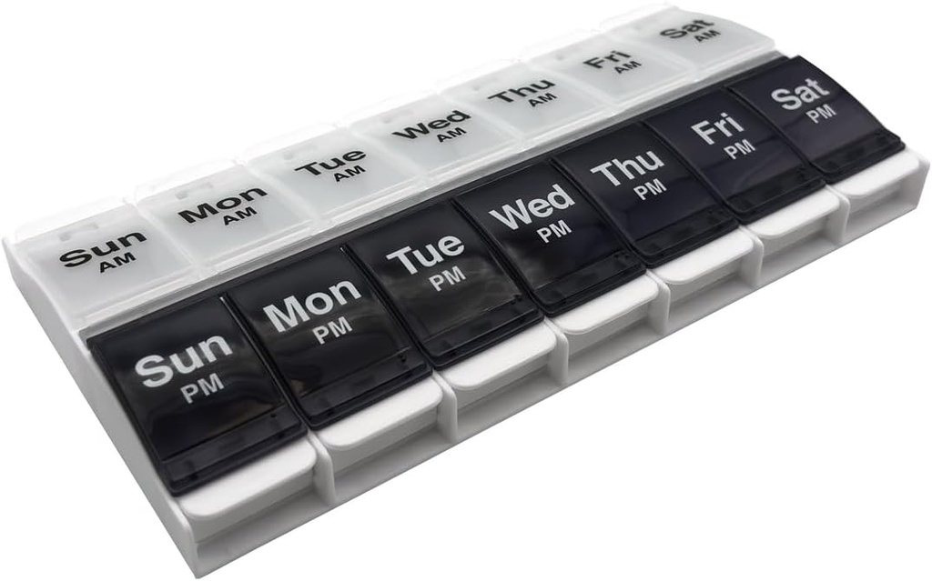 Bouton poussoir EZY DOSE (7 jours) Cas de pilule, planificateur de médicaments, organisateur de vitamines, 2 fois par jour conteneur AM/PM, X-Grands Compartiments, Arthrite Friendly, sans effort ouvert, clair lids, bleu/blanc, sans BPA