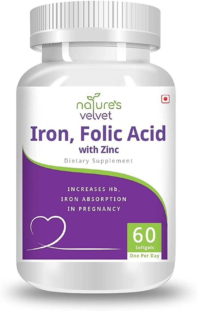 Natures Velvet Lifecare Fer et acide folique au zinc, pour supplémentation en grossesse, 60 softgels