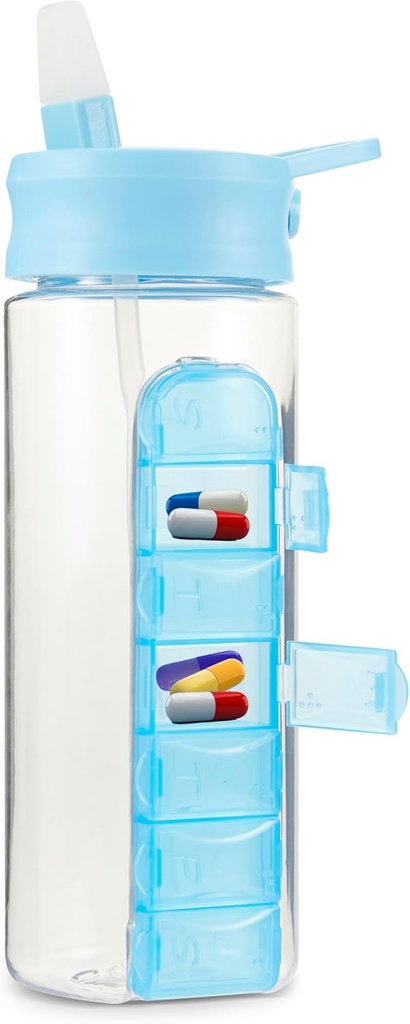 MARS WELLNESS 24 Ounce Water Bottle with Slideout Pill Box, Daily Organizer - 7 Day Medicine Holder, Easy Slide Out Pill Container, Popup Straw for Hydration