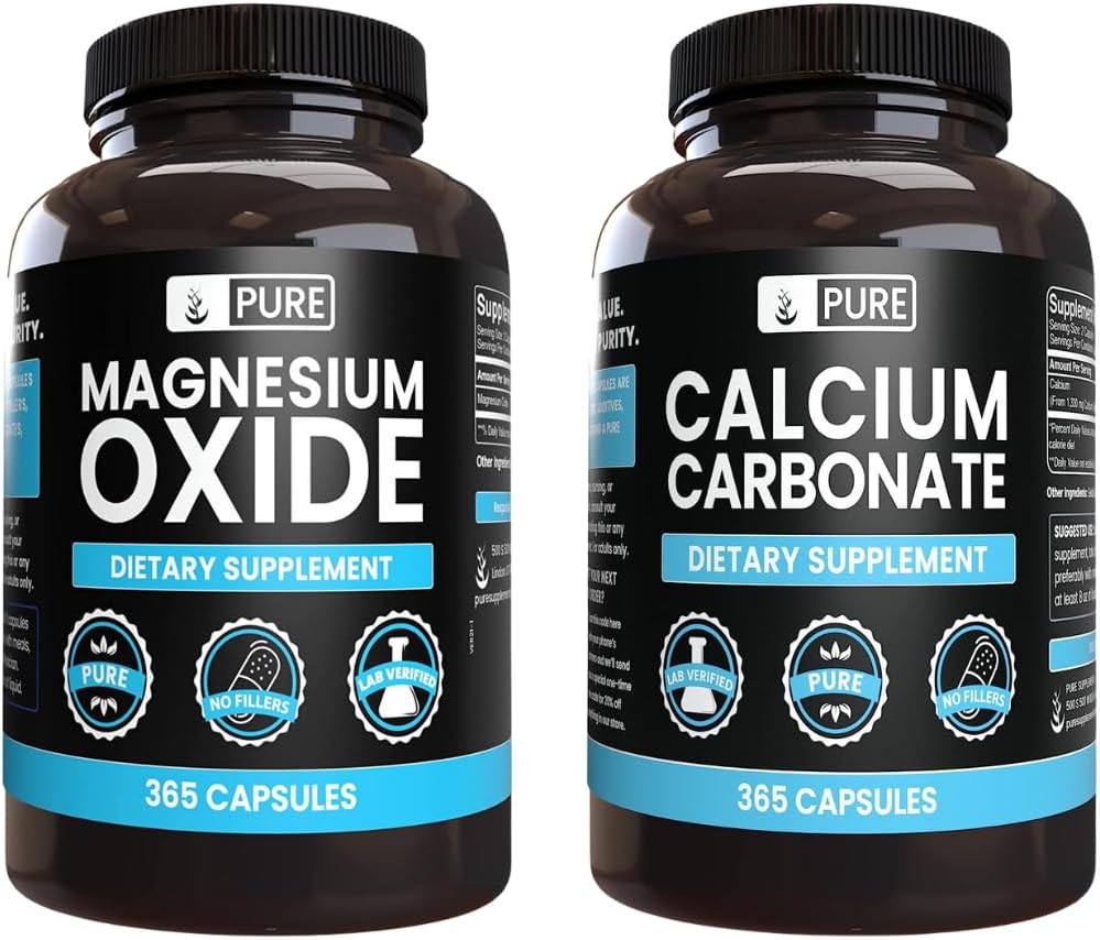 Ingrédients originaux purs Le carbonate de calcium et le mélange d'oxyde de magnésium, 365 capsules chacune, sans remplissage, Alwasy Pure